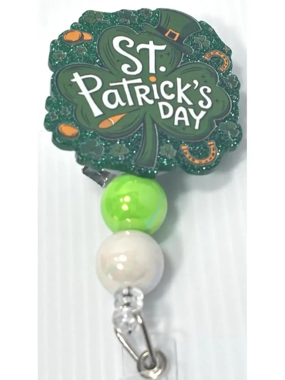 St. Patrick's Day Badge Reel - Retractable ID Holder -Green Shamrocks Beaded NEW